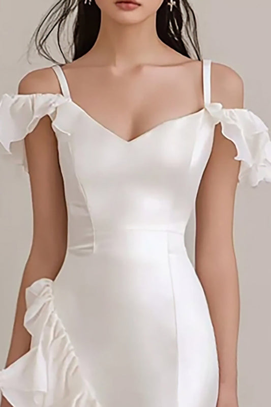 White Cold Shoulder Long Sheath Rehearsal Dinner Dress with Ruffles