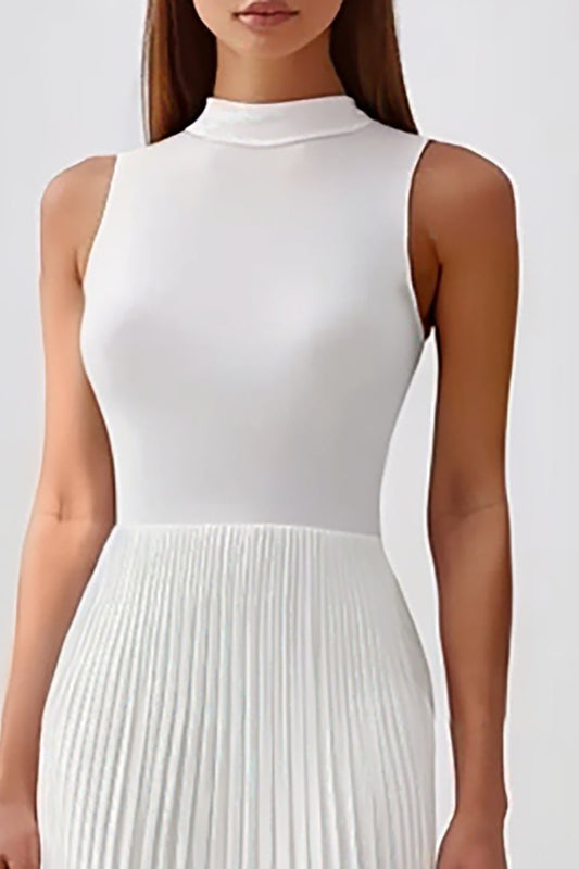 White Chiffon Sheath High Neck Pleated Long Rehearsal Dinner Dress