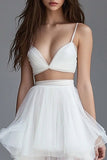 White 2 Pieces A Line Tulle Long Rehearsal Dinner Dress with Ruffles