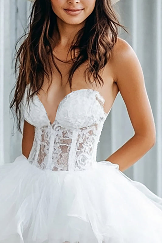 White Corset A Line Tulle Graduation Dress with Lace Appliques
