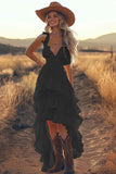 Ivory A Line Ruffled V-Neck High-Low Tiered Western Wedding Dress
