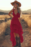 Ivory A Line Tiered Ruffled V-Neck High-Low Western Wedding Dress