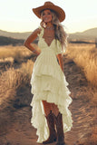Ivory A Line Tiered Ruffled V-Neck High-Low Western Wedding Dress