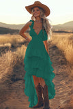 Ivory A Line Tiered Ruffled V-Neck High-Low Western Wedding Dress
