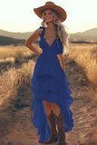 Ivory A Line Tiered Ruffled V-Neck High-Low Western Wedding Dress