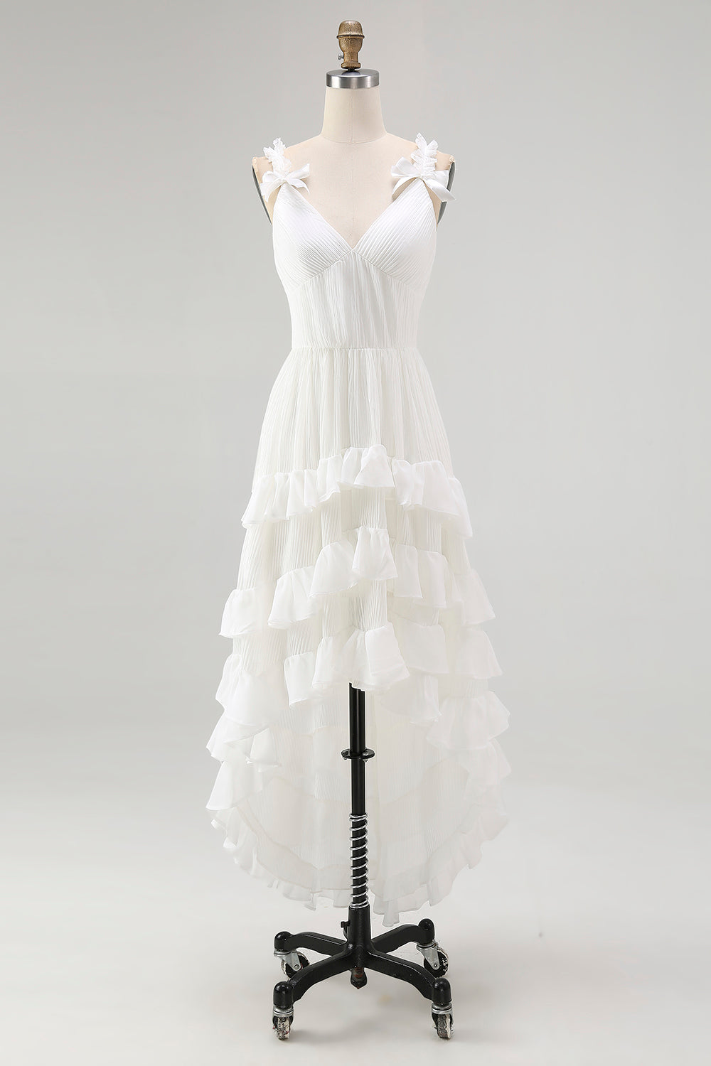 Ivory A Line Ruffled V-Neck High-Low Tiered Western Wedding Dress