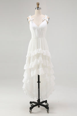 Ivory Tiered Ruffled A Line V-Neck High-Low Western Wedding Dress