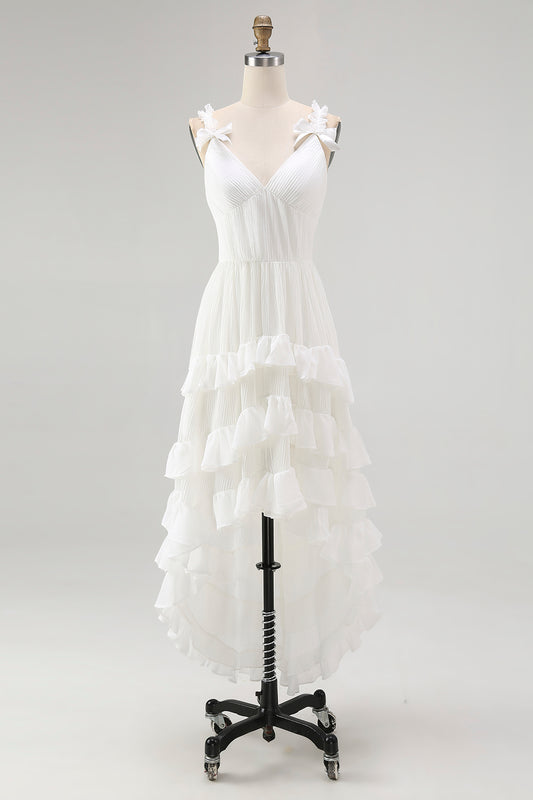 Ivory Tiered Ruffled A Line V-Neck High-Low Western Wedding Dress