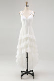Ivory A Line Ruffled V-Neck High-Low Tiered Western Wedding Dress
