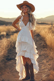 Ivory A Line Ruffled V-Neck High-Low Rehearsal Dinner Dress