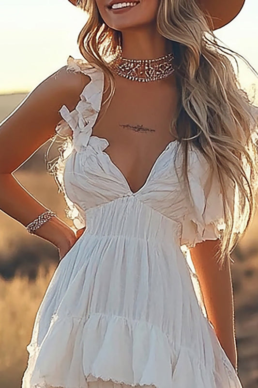 Ivory A Line Ruffled V-Neck High-Low Rehearsal Dinner Dress