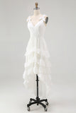 Ivory A Line Ruffled V-Neck High-Low Tiered Western Wedding Dress