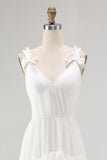 Ivory Tiered Ruffled A Line V-Neck High-Low Western Wedding Dress