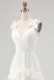 Ivory Tiered Ruffled A Line V-Neck High-Low Western Wedding Dress