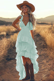 Ivory A Line Ruffled V-Neck High-Low Tiered Western Wedding Dress