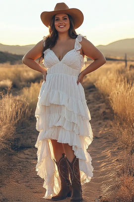 Ivory Plus Size A Line Ruffled V-Neck High-Low Tiered Western Wedding Dress