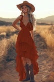 Ivory A Line Ruffled V-Neck High-Low Tiered Western Wedding Dress