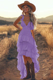 Ivory A Line Tiered Ruffled V-Neck High-Low Western Wedding Dress
