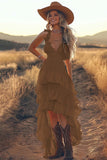 Ivory A Line Tiered Ruffled V-Neck High-Low Western Wedding Dress