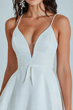White A Line Spaghetti Straps Short Satin Graduation Dress