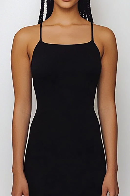 Black Satin Spaghetti Straps Long Sheath Formal Dress
