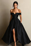 Black Satin A Line Off the Shoulder Long Formal Dress with Slit