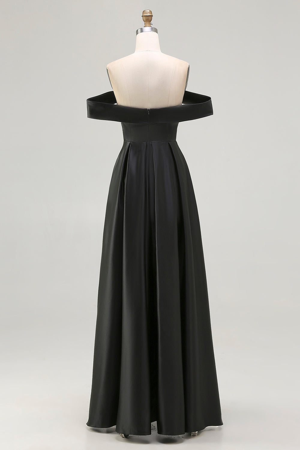 Black Satin A Line Off the Shoulder Long Formal Dress with Slit