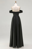 Black Satin A Line Off the Shoulder Long Formal Dress with Slit