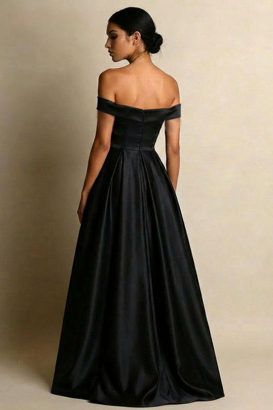 Black Satin A Line Off the Shoulder Long Formal Dress with Slit