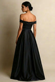 Black Satin A Line Off the Shoulder Long Formal Dress with Slit