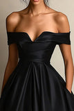 Black Satin A Line Off the Shoulder Long Formal Dress with Slit