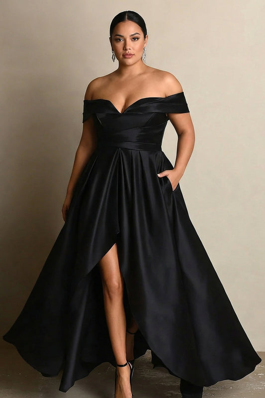 Black Plus Size Satin Off the Shoulder Long Formal Dress with Slit