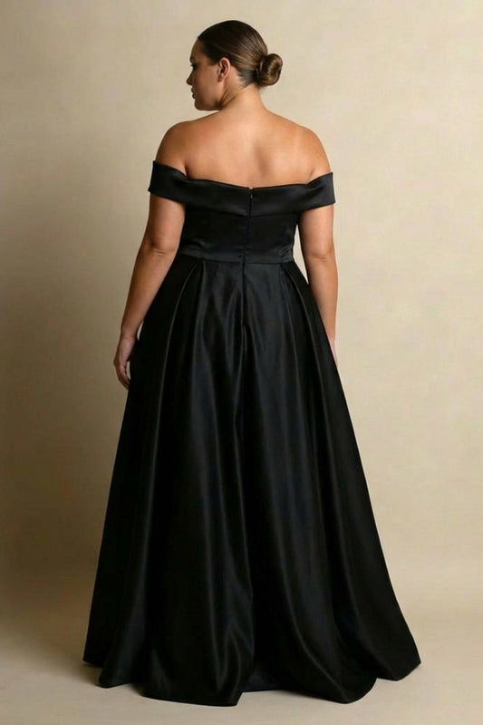 Black Plus Size Satin Off the Shoulder Long Formal Dress with Slit