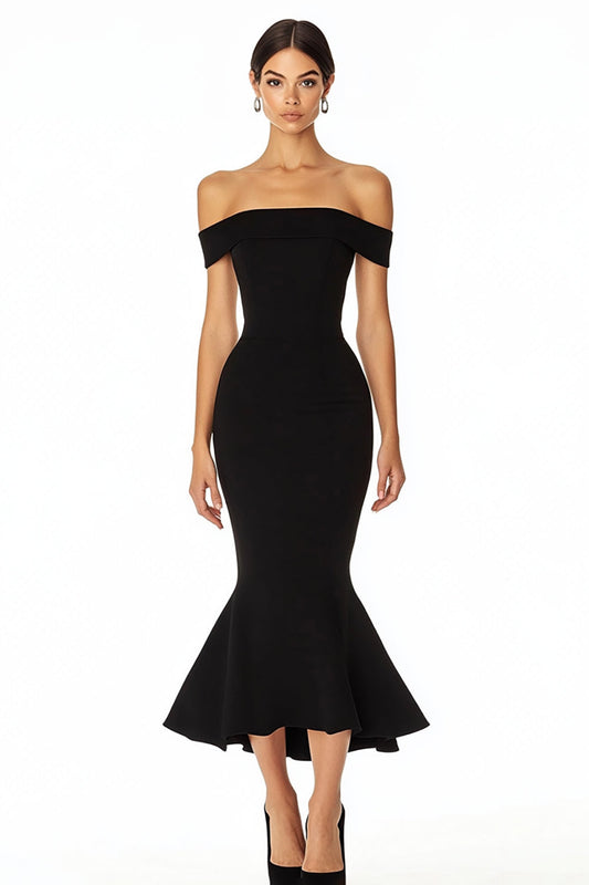 Black Off the Shoulder Satin Long Mermaid Formal Dress