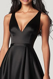 Black A Line V-Neck High-Low Satin Formal Dress