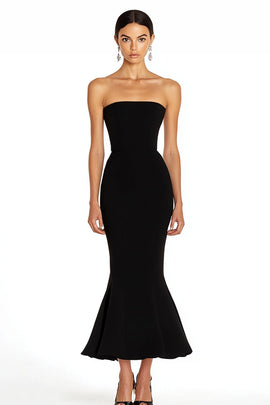 Black Strapless Satin Long Mermaid Formal Dress