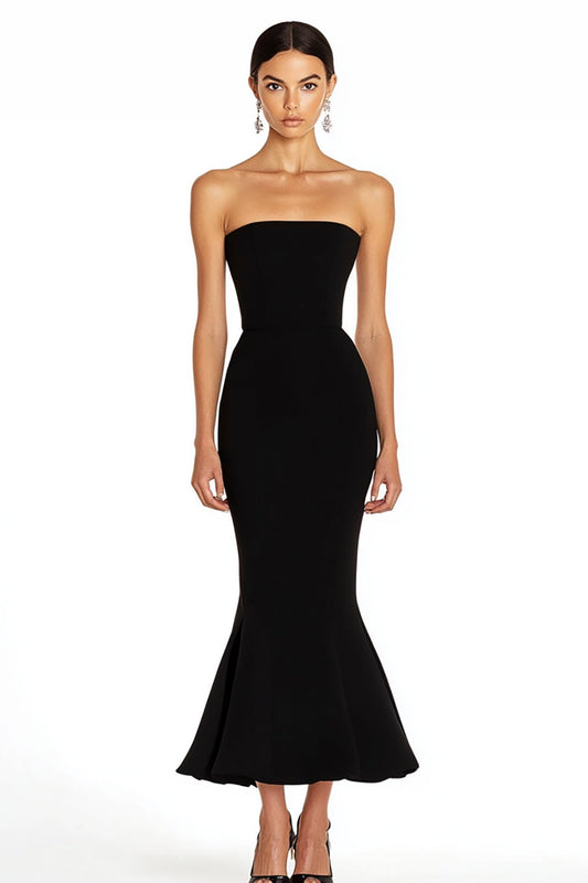 Black Strapless Satin Long Mermaid Formal Dress