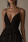 Black A Line Tiered Deep V-Neck High-Low Formal Dress