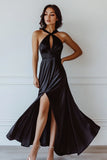 Black Satin Halter Long Keyhole Formal Dress with Slit
