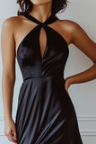 Black Satin Halter Long Keyhole Formal Dress with Slit
