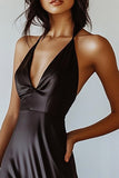 Black Deep V-Neck Satin Sheath Long Formal Dress