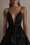 Black Tulle A Line Deep V-Neck High-Low Tiered Formal Dress