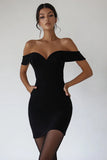 Black Off the Shoulder Satin Short Bodycon Graduation Dress