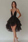 Black Tiered Tulle Deep V-Neck A Line Short Graduation Dress