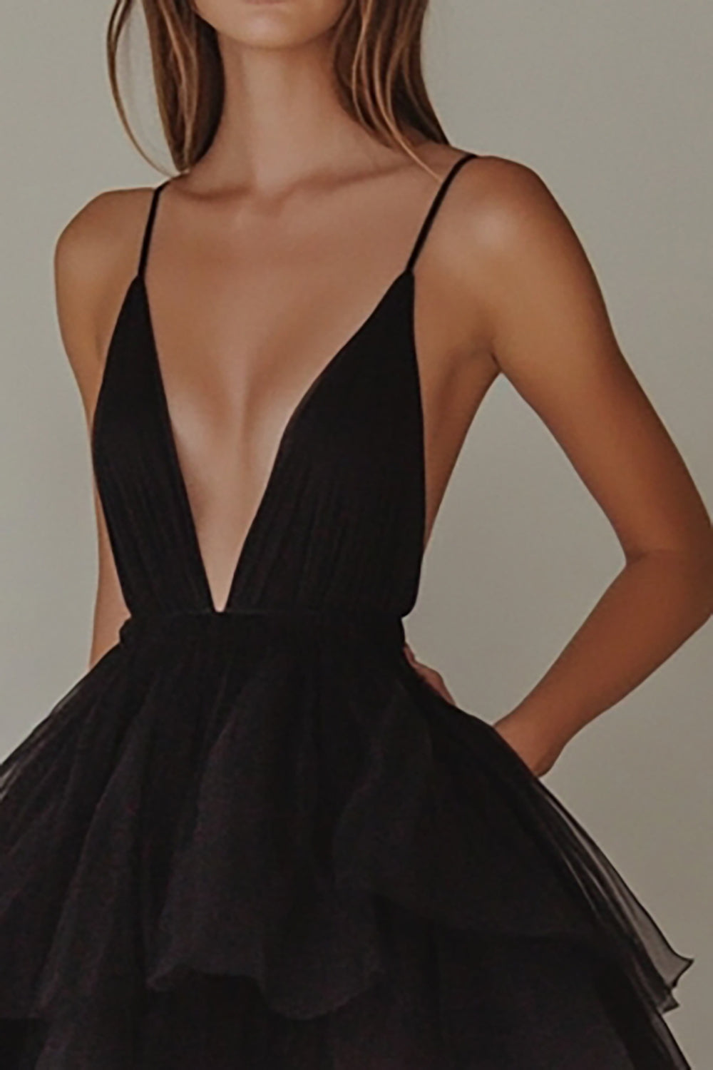 Black Tiered Tulle Deep V-Neck A Line Short Graduation Dress