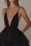 Black Tiered Tulle Deep V-Neck A Line Short Graduation Dress