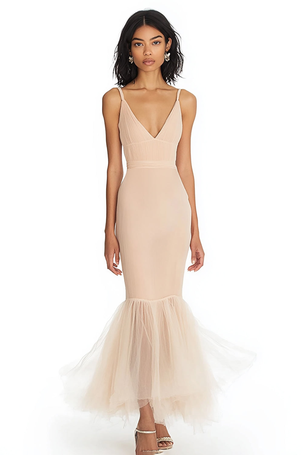 Champagne Mermaid Deep V-Neck Long Formal Dress