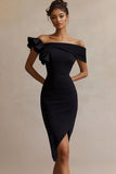 Black Satin Off The Shoulder Midi Bodycon Cocktail Dress