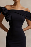 Black Satin Off The Shoulder Midi Bodycon Cocktail Dress