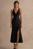 Black Satin V Neck Long Sheath Formal Dress with Slit